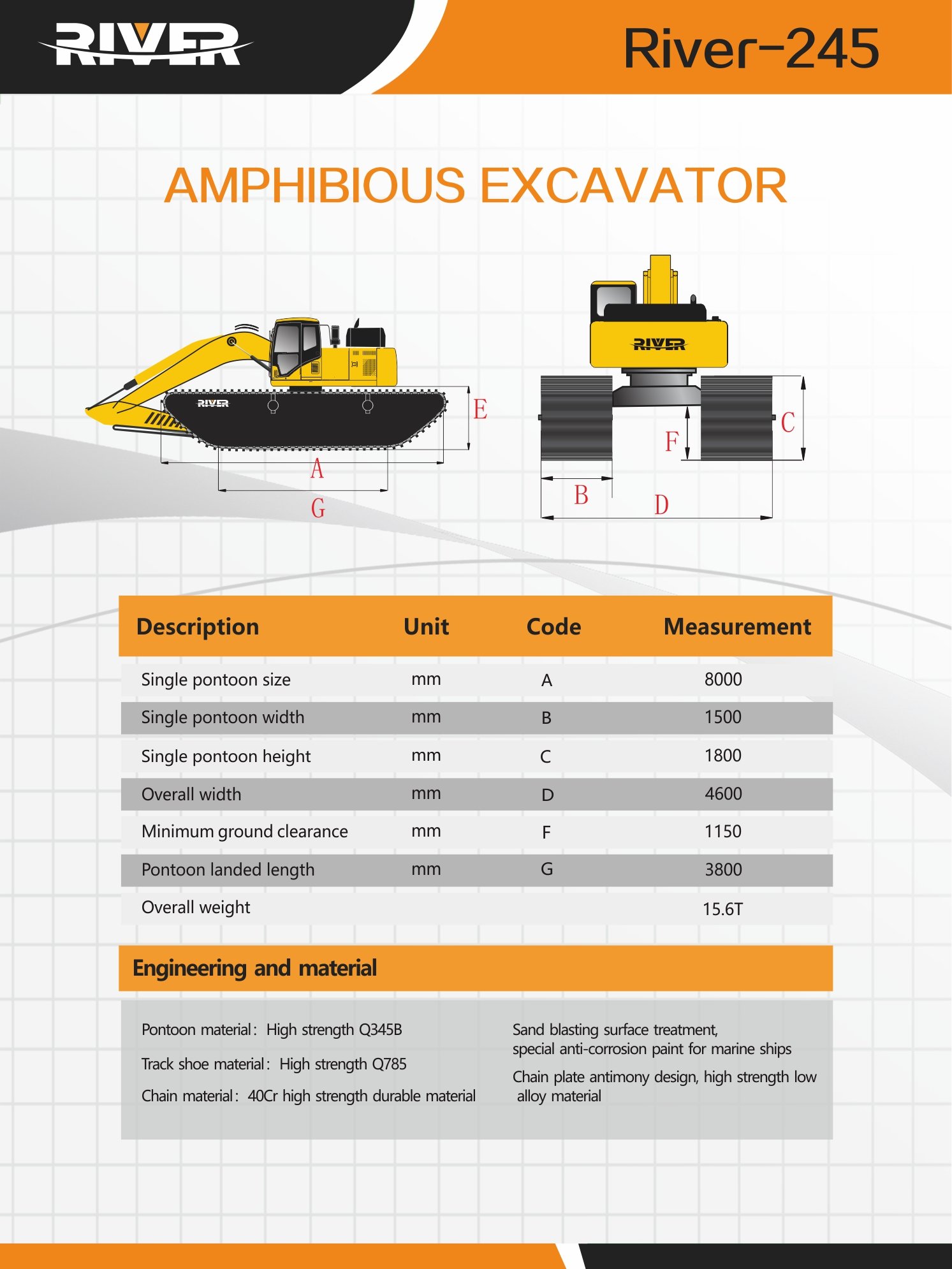 Technical parameters of amphibious excavator river-245