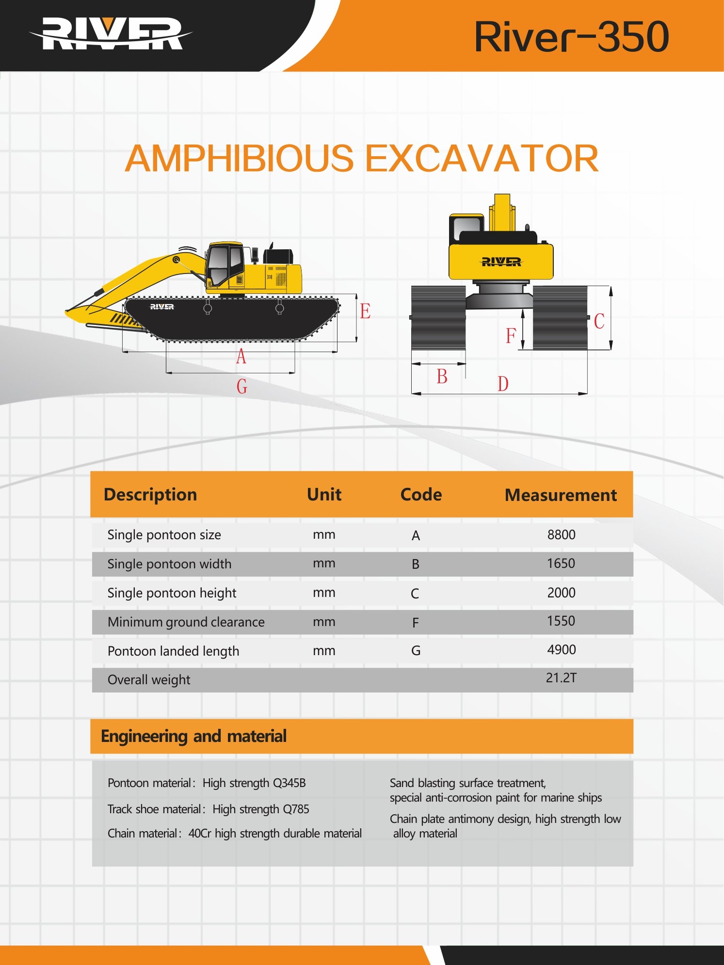 Technical parameters of amphibious excavator river-350