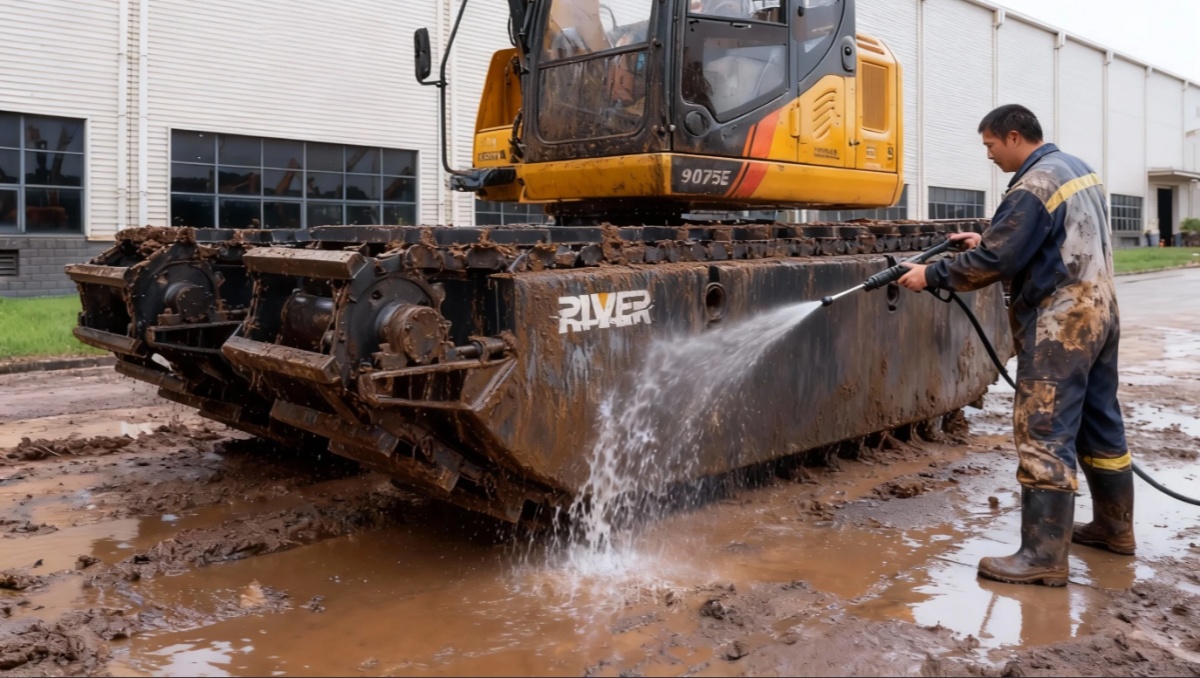 Cleaning and maintenance of amphibious excavator undercarriage