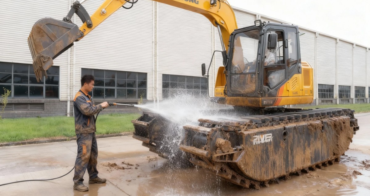 Cleaning and maintenance of the amphibious excavator undercarriage