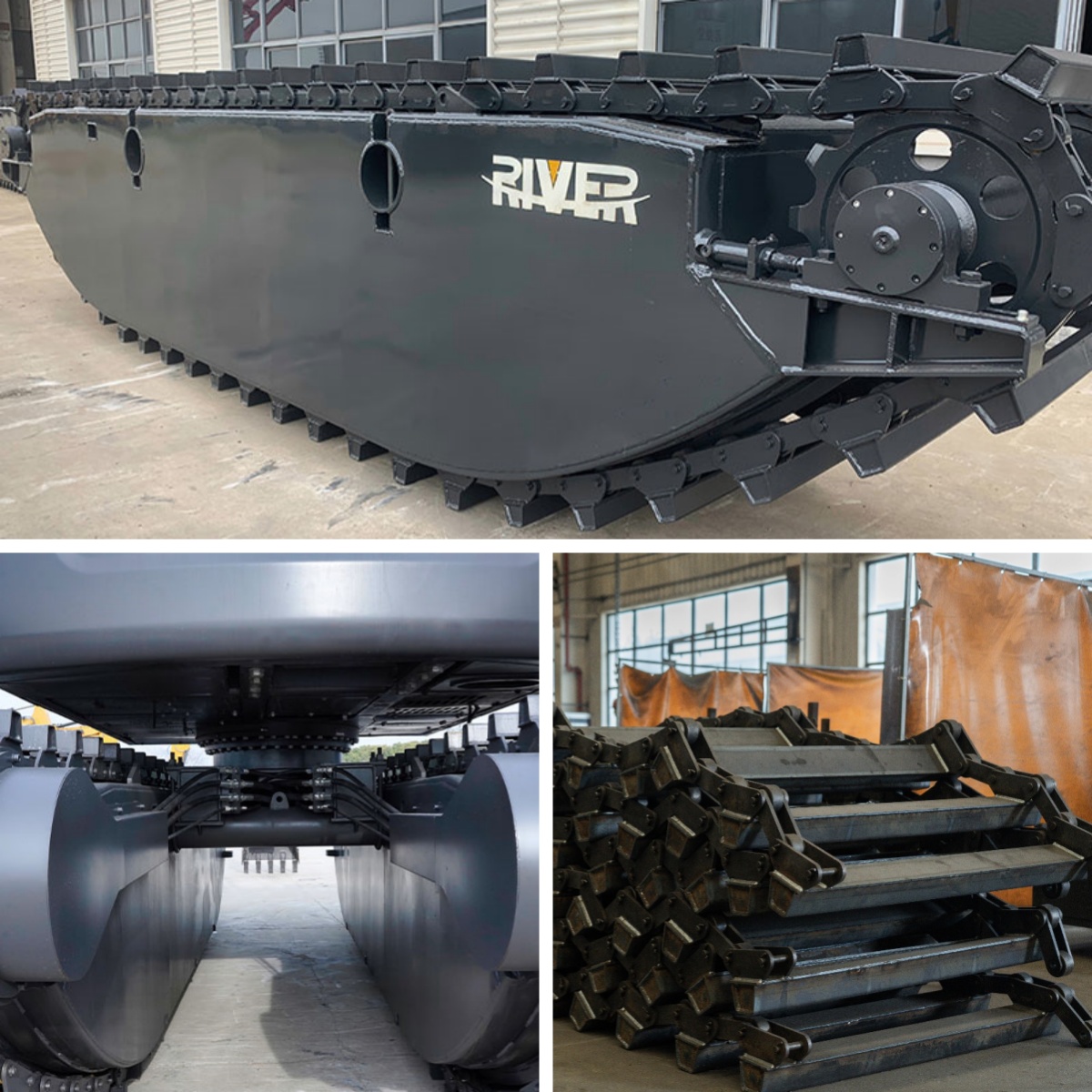 amphibious excavator wide tracks pontoon detail