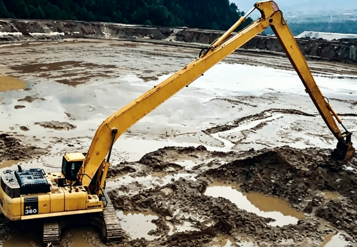 River Extended Arm Excavator Mud Work