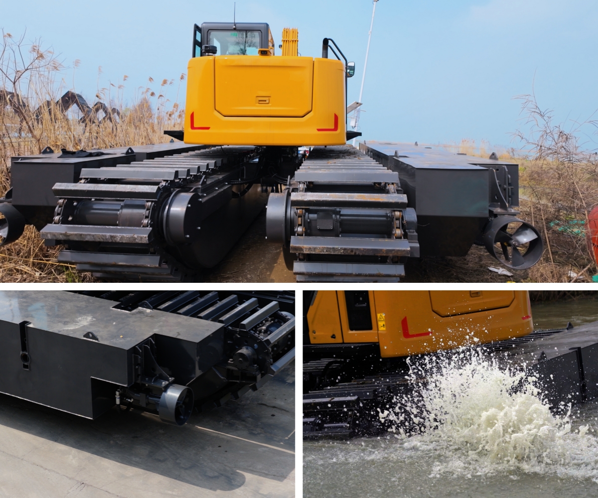 Amphibious Excavator Undercarriage with Propeller Self-cruising System
