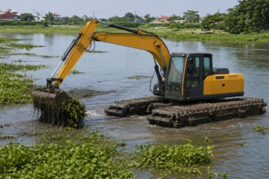 Amphibious Excavator Equipped with Dredging Bucket